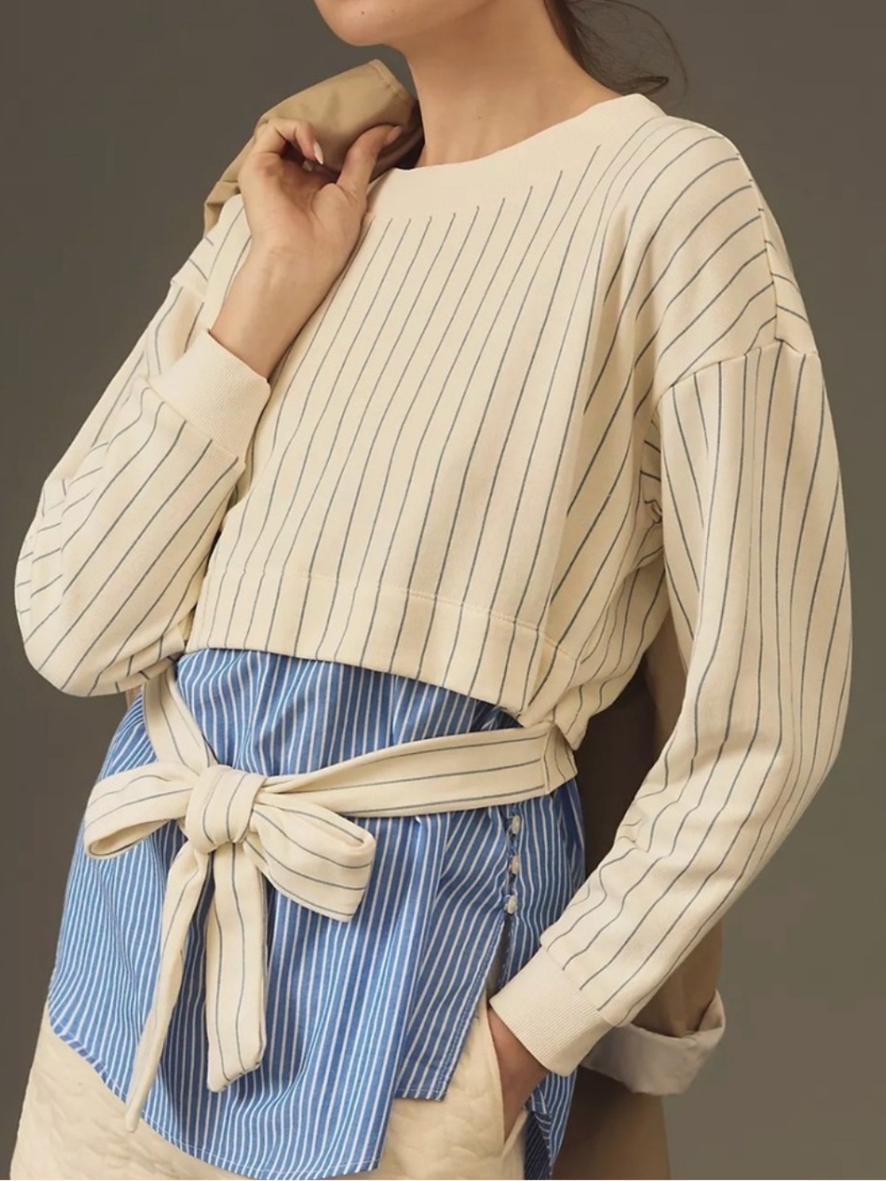 Anthropologie  Cream  Layered Look Cottton Top with Blue Pinstripes XL